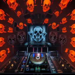 DJ of the damnded, insanely detailed DJ booth in hell, MID set, speakers and equipment made of bone, anatomically correct, add more skulls in th audience, photorealism, vray, 8k 3d, woofers in all empty eye sockets of stage equipment, wide angle, telephoto, from audience, all multicolored skulls,