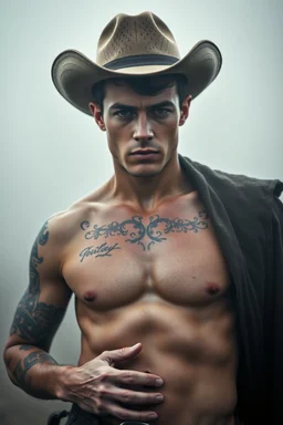 Extremely realistic photo of a young cowboy with tattoos on his chest and hands with nice muscles ,fog, general foul weather, (Rembr Lighting), zeiss lens, ultra realistic, (high detailed skin:1.2), 8k uhd, dslr, Dramatic Rim light, high quality, Fujifilm XT3, artwork in pale distressed tones , minimalistic approach, blends old world aesthetics art with elements of distressed painting and illustration, shadow play, high conceptuality, palette inspired by Charlene Mc Nally, Carne Grif