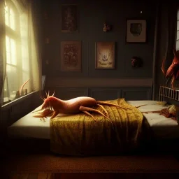 large cockroach asleep in bed, 8k resolution, high-quality, fine-detail, intricate, detailed matte, digital art, volumetric lighting, illustration, 3D octane render, brian froud, howard lyon, selina french, anna dittmann, annie stokes, lisa parker, greg rutowski