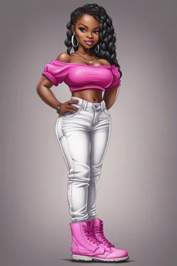 Create a digital airbrush cartoon of a curvy African American chibi female wearing tight white jeans and a off the shoulder hot pink blouse. She is also wearing timberland boots. Prominent make up with hazel eyes. Highly detailed very long extremely braids of black hair. Her skin is smooth and silky. Background of a track of ATV riders.