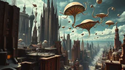 a stunningly weird image of a futuristic metropolis using Salvador Dali's paranoiac-critical method, where buildings and structures appear to melt into the skyline like melting ink. The cityscape is filled with floating medusas and mad, twisted shapes that interact with the buildings and each other, forming a surreal tableau of a dreamlike reality. Capture the essence of the scene in a cinematic manner, with dramatic shadows and vibrant colors that enhance the distorted perspectives and bizarre