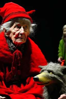 Imagen de la la escena de caperucita roja con el lobo feroz disfrazado de abuelita