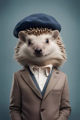 Hedgehog dressed in a casual suit and wearing a beret. Fashion portrait of an anthropomorphic animal posing with a charismatic human attitude