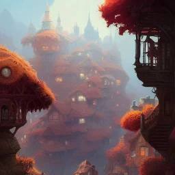 bridges between mountains +detailed facades+beautiful,richly detailed houses,trees,ornamental flowers +uphill road+biopunk+Book illustration by Gediminas Pranckevičius, Jean Baptiste Monge, Brian Kesinger, Anton fadeev, strong lines, high contrast vibrant colors, highly detailed, 16k resolution