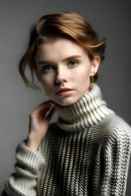 an image of a female model in a knitted sweater and gold earrings light grey background. high end fashion style photo.