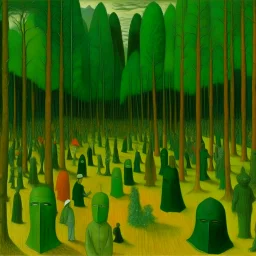 A green forest with wooden masks painted by Georges Seurat