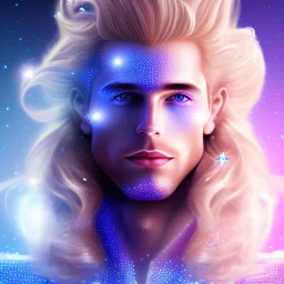 smiling beautifull long hair blond man face with cristal diamond on the forehead , cosmic armor and cosmic purple and blue sky behind