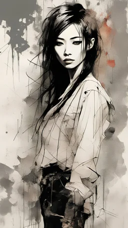 Full body portrait of a aesthetic, painterly style, modern ink, Asian girl, sensual, sultry, dark blouse, expressive pose, urbanpunk, abstract texture multilayer background, neo-expressionist , Russ Mills, Ian Miller