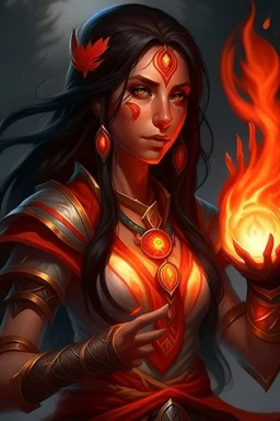 Female eladrin druid with fire abilities. black hair made from fire. Tanned skin. Big red eyes with touch of fire .