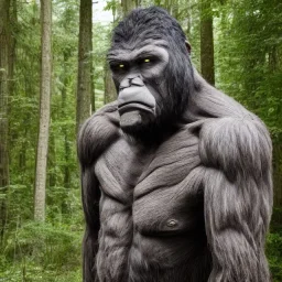 huge giant upright human hybrid bigfoot, grey black, destroying a tree in forest, angry, big muscles