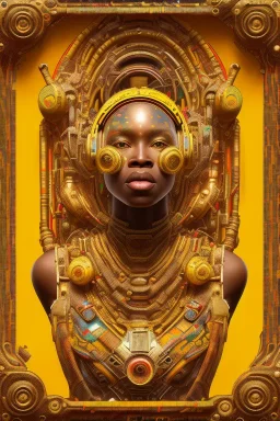 a beautiful full frame portrait digital painting of futuristic gaspunk, ghana kente, african symbols embossed, close-up, macro lens, centered camera, titanium accents, intricate details, small minutiae, tiny features, particulars, colorful, 8k, least ambient occlusion, volumetric lighting, volumetric clouds