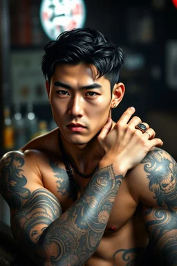 professional photo from attraktive young korean man with elaborate detailed warrior tattooed him arms. The character’s muscular build, some ring jewelry, dark hair, dark asian eyes, young korean man attractive masculine face with realistic skin, no anime face, shadows, pale light, cyber urban bar, blur background