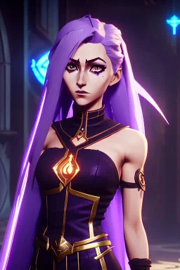 female sorcerous, lathe build, wearing transparent purple skirt, thigh high boots and crop top, big eyes, eyes are both in proportion, 3/4 look, long blonde hair with a purple streak, small up turned nose, large breasts, small waist, round butt, standing, dark cobblestone alley, one halo white light behind head, non photorealistic rendering in the art style of j.scott campbell