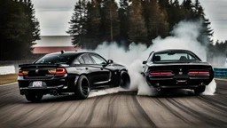 Black BMW and Dodge Charger SRT drifting in the white smoke, rear view, cinematic, luxurious --chaos 80 --ar 16:9 --style raw --stylize 700