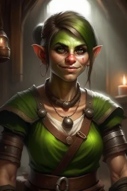 Dungeons and dragons She is an orc. She has green skin. She is kind. She is handsome. She has nice eyes. She has short hair. She is strong. She is in a tavern. She has broad shoulders. She has a large jaw. She wears casual peasant clothes. Realistic style