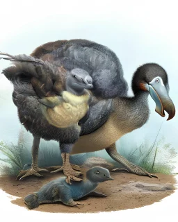 John James Audubon-like illustration of a fully uncropped Dodo bird and a Platypus in a landscape of warm yellows, warm reds, and warm blues