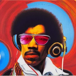 a realistic portrait of Jimi Hendrix at a turntable with headphones on being a DJ, vivid color, with sunglasses
