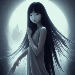 Sadako Yamamura (Ringu, 1998) ; screenshot, Dark Foggy Georgeous Horror Dark Fantasy Art by James Bousema, digital illustration, evil,wild, cold stare ,photo-realistic, 32K,dynamic colors,high details,high definition,crystal clear image,aspect ratio 33:1,DIGITAL ILLUSTRATION by James Bousema Modifiers: Nikon D850 elegant Award winning photography fantasy photorealistic very attractive