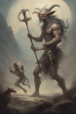 A worrier holding a spear fighting with a creature from another world, Busch painting style