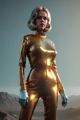 Ultra Realistic retro sci-fi portrait image from 1960, New York, spaceship, sweet young Jane Fonda, tight latex suit, weapon, fighting stance, soft color, highly detailed, unreal engine 5, ray tracing, RTX, lumen lighting, ultra detail, volumetric lighting, 3d, finely drawn, high definition, high resolution.