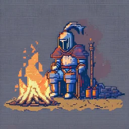 A knight sitting close to a campfire, pixelart
