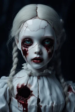 A hauntingly beautiful porcelain doll with small storms for eyes. Her skin is pale and cracked like porcelain. Her hair is red like wine with fire coming out. Her lips are sewn together except for one corner that is ripped and bleeding.