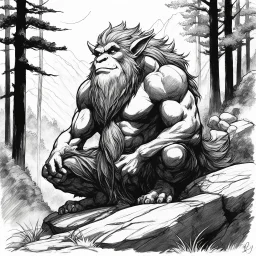 the troll sits on a rock, waiting in the forest. Record of Lodoss War style, Linework: Expressive, expressive black ink line art with variable stroke weights. Crisp contours define silhouettes while fine hatching adds subtle depth and form.