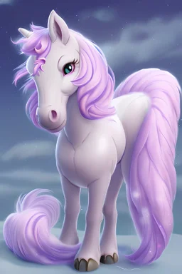 Unicorn, (monster girl), snow-white skin, cute pony ears, deep purple eyes, purple-and-blue fluffy mane, purple-and-blue fluffy tail, pink fluffy arm bands, wearing adorable modest clothing
