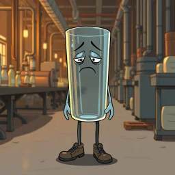 an very sad transparent drinking glas man with legs and shoes, working clothes, in a factory, nobody cares about the empty glas, that is why he is so sad :( , he had worked 30 years in the factory and never had a salary increase, tears in his eyes, simon stålenhag cartoon style