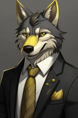 Anthro wolf himbo with black fur and gold eyes wearing a suit