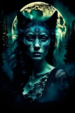 double exposure stunning mystic woman-wolf hybrid portait, forest, moon, smoke, ultra-high detailed, deep dark colors, dark fantasy, intricate detail, cinematic, masterpiece, sharp focus, dark ethereal fantasy, hyperdetailed, atmospheric , dark surreal fantasy