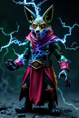 Action figure of Spam Fox as an electric necromancer with clenched fists