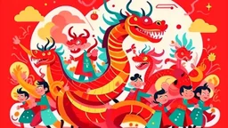 fantasy cartoon style illustration: chinese new year celebration dragon dance