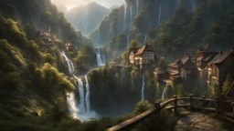 a small town at the end of a steep ravine. multiple waterfalls, a masterpiece, fantasy concept art, dynamic lighting, hyperdetailed, intricately detailed, deep color, Unreal Engine, volumetric lighting, Epic cinematic brilliant stunning intricate meticulously detailed dramatic atmospheric maximalist digital matte painting