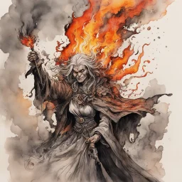 create an abstract ink wash and watercolor caricature of an aged, malevolent, ornately dressed , 14th century sorceress engulfed in fire ,highly detailed with refined facial features in the cartoon caricature style of Gerald Scarfe and Ralph Steadman precisely drawn, boldly inked, vividly colored, 4k