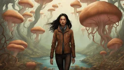 woman with black hair in a ponytail, in light brown leather trousers and jacket, walking through a forest of floating alien mushrooms with jellyfish tentacles, rampant foliage, and vines, next to a lake, photorealistic, Deep Colour, Intricate Detail