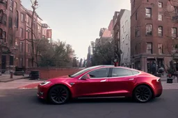 A Tesla 'Model S' is drifting at top speed, in Greenwich Village, in Manhattan. CINEMATIC. WIDE ANGLE LENS. PHOTO REAL.