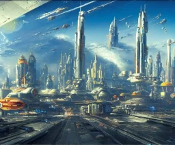 Spaceport on a heavy industrialized planet with a vibrant city in the background and a starting spaceship in the foreground, art by John Berkey, buildings with glass facades, insanely detailed, vibrant, 8k uhd, cinematic atmosphere, ultra-wide angle, street level view, brush strokes, blue sky with clouds, sharp focus