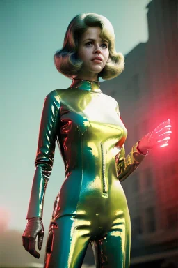 Ultra Realistic retro sci-fi portrait image from 1960, New York, spaceship, sweet young Jane Fonda, tight latex suit, weapon, fighting stance, soft color, highly detailed, unreal engine 5, ray tracing, RTX, lumen lighting, ultra detail, volumetric lighting, 3d, finely drawn, high definition, high resolution.