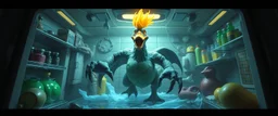 final boss duck demon in the fridge space craft in the style of fantasy art