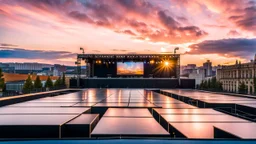 a big open disko stage in modern city center , at distance,blue sky pretty clouds ,sunset ,golden hour,closeup.