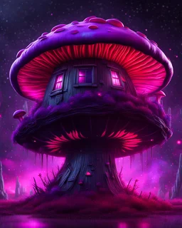 An illogical floating mushroom house on a clear moonless night. . Bright Bold Bright Colors, purple pink red black, Starry Dark cosmic interstellar. Detailed Matte Painting, deep color, fantastical, intricate detail, splash screen, hyperdetailed, insane depth, concept art, 8k resolution, trending on Artstation, Unreal Engine 5, color depth, backlit, splash art, dramatic, High Quality Whimsical Fun Imaginative Bubbly, perfect composition