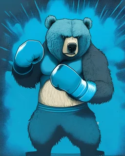 A grizzly bear with bright blue fur with boxing gloves on in an illustration style