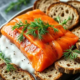 A full-view image of Gravadlax, Swedish cured salmon 🐟 garnished with fresh dill 🌿, served on a platter with rye bread 🍞.