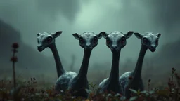 A dark fantasy, scifi theme, from four herd of gentle herbivorous creatures with long necks, one large central eye, Each creature has ONE SINGLE EYE ONLY, one large eye positioned exactly in the center of the face, no second eye, no extra eyes. and two little ears on head and small separate herbivore mouth , no teeth or fangs , rounded bodies dark gray-green skin, standing in a misty landscape with deep colors and many plants,. Curious, slightly uncanny expressions, photorealistic, cinematic