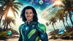 beautiful gorgeous young man na'vi with long hair, Avatar, blue skin, two small ears, green eyes, black hair, in cosmic suit, galactic ambiance, medium pointy goatee , smiling, with spaceship and planets and palm trees and clear crystaline cosmic beach in background