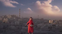 close young palestinian girl with a kuffeah. Large clouds of smoke rise from the land of gaza . With demolished buildings in the background. with sunset colors Made in the palestinian style