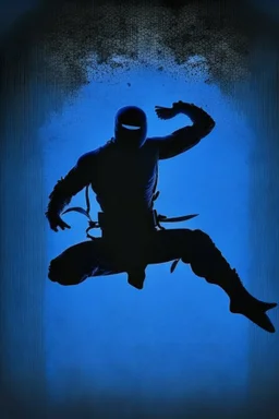 Background is dark blue, almost black. There is a head and torso silhouette looming in the picture, completely masked by a black kevlar suit. martial art pose, trampoline