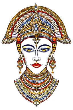 free hand drawing themed, bandhani, perfectly symmetric patterns, queen Egyptian crown colorful, full face visible, portrait, white background