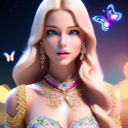 Princess, woman blondie, smile, beautiful place,amazing, flowers, colors, blue and pink butterfly, , realistic, photo real, stars night, detailed, high contrast, 8k high definition, unreal engine 5, extremely sharp detail, light effect, light background